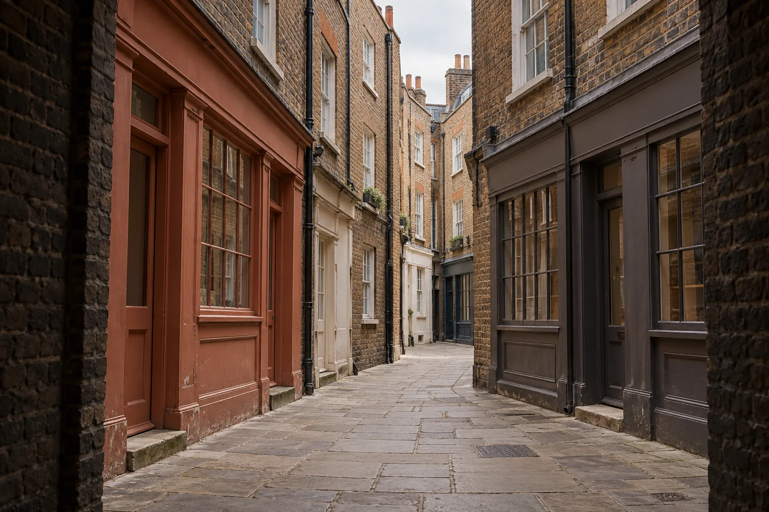 Narrow paved court between painted shopfronts with brick flats above