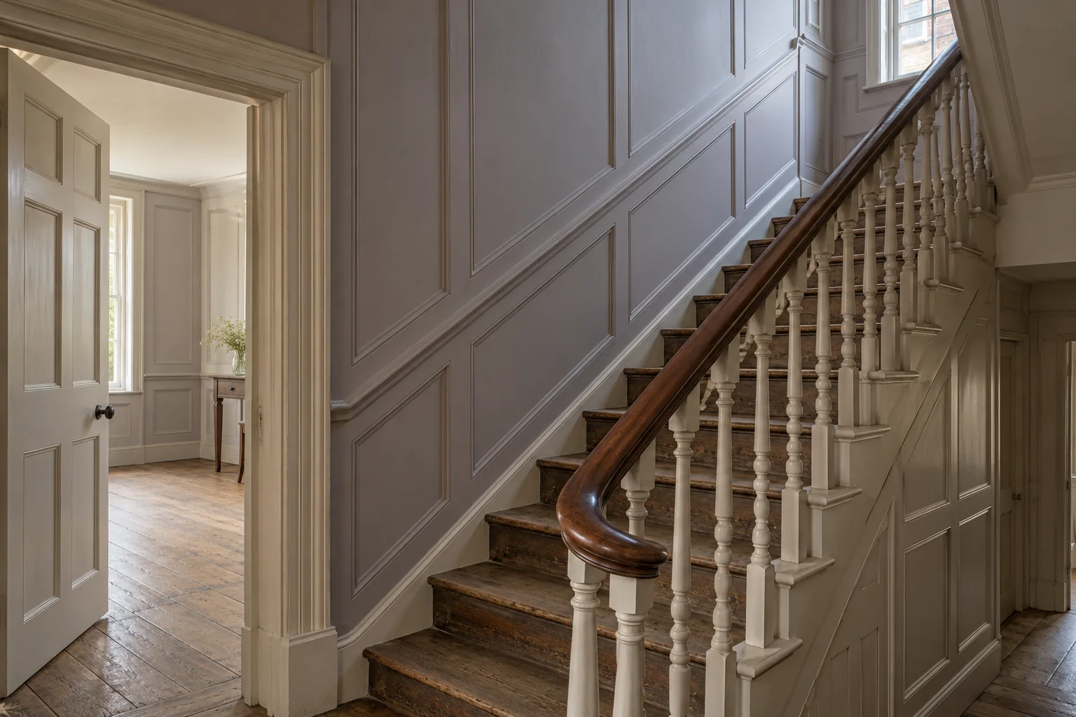 Painted Georgian wall panelling beside a timber staircase with turned balusters