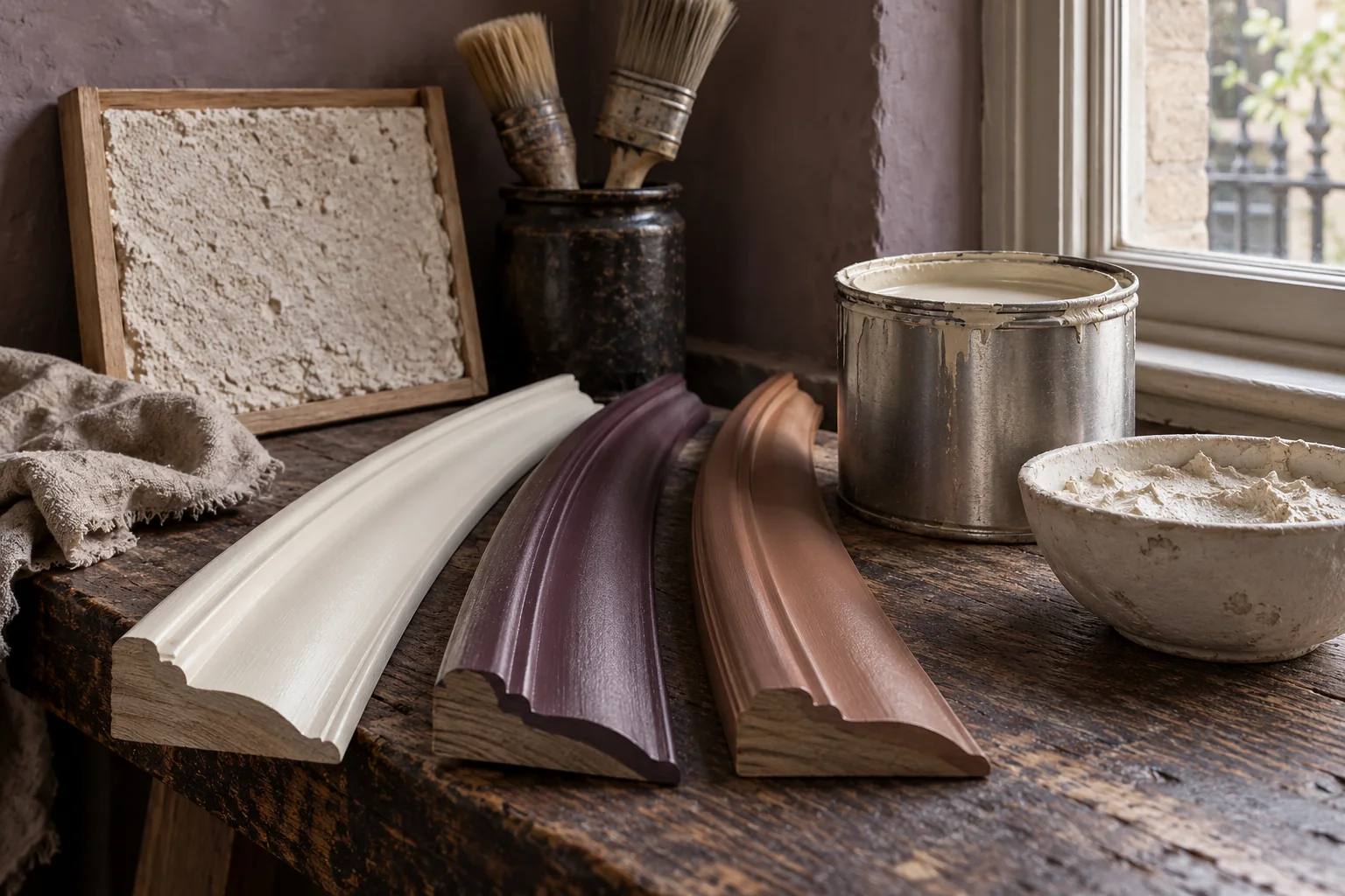 Traditional paint samples, lime, brushes and coated timber showing different finishes