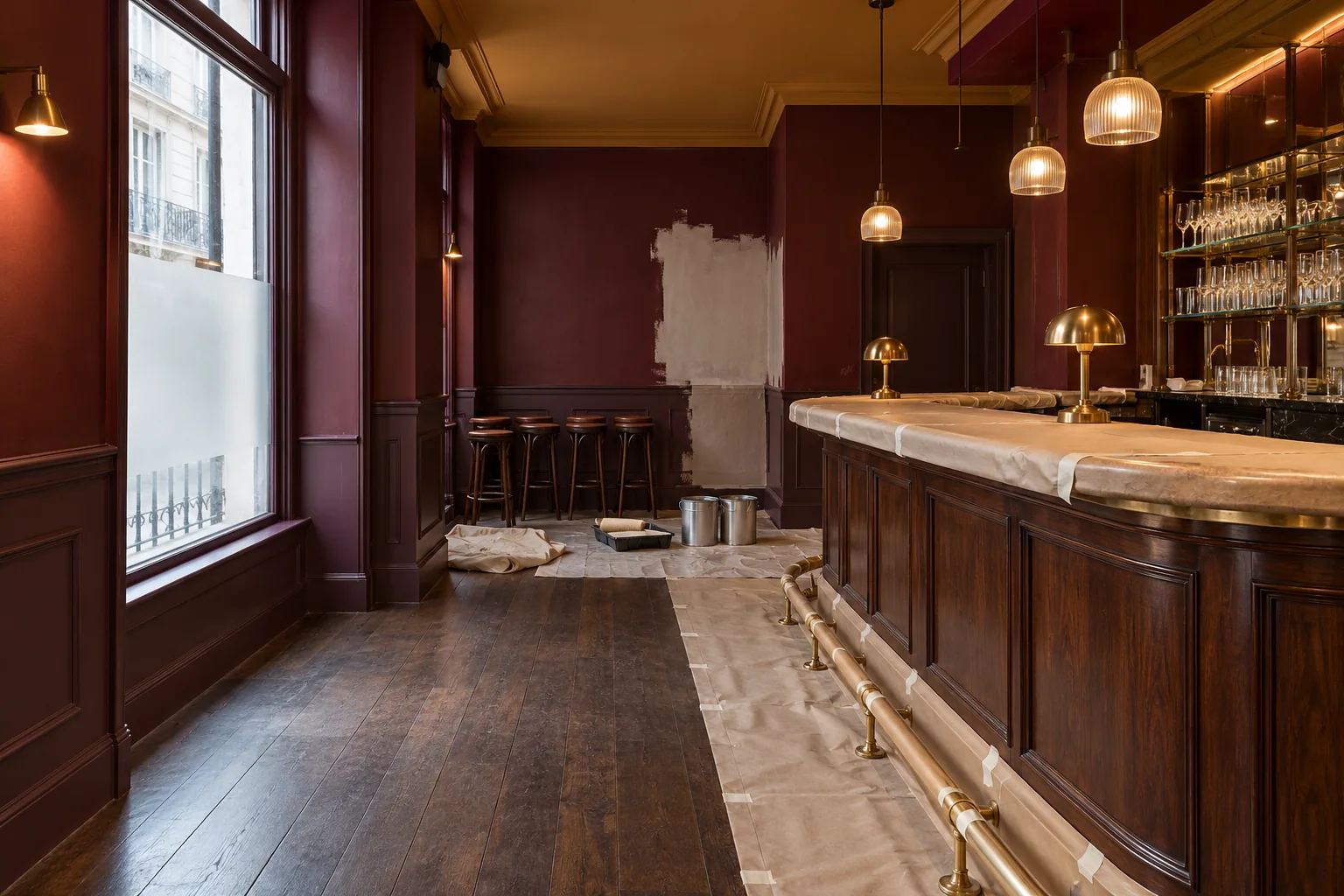 Restaurant interior with rich dark paint colours and surfaces protected for redecoration