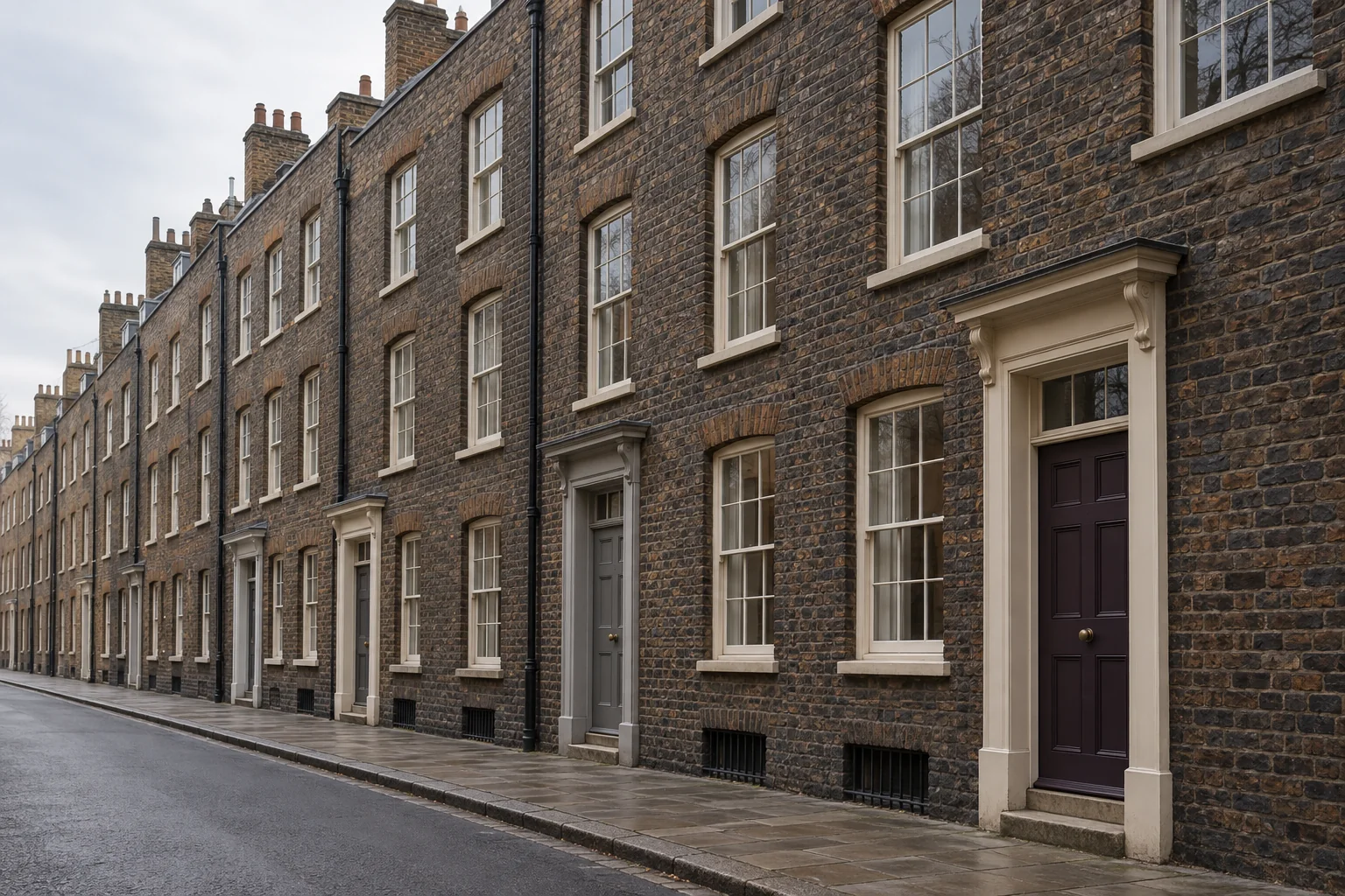 Early Georgian brick terrace with tall sash windows and painted timber doorcases