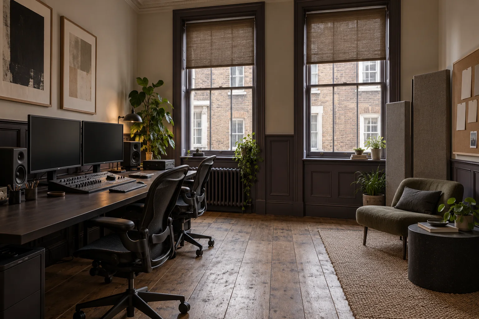 Creative studio with editing desks and large sash windows in a period building